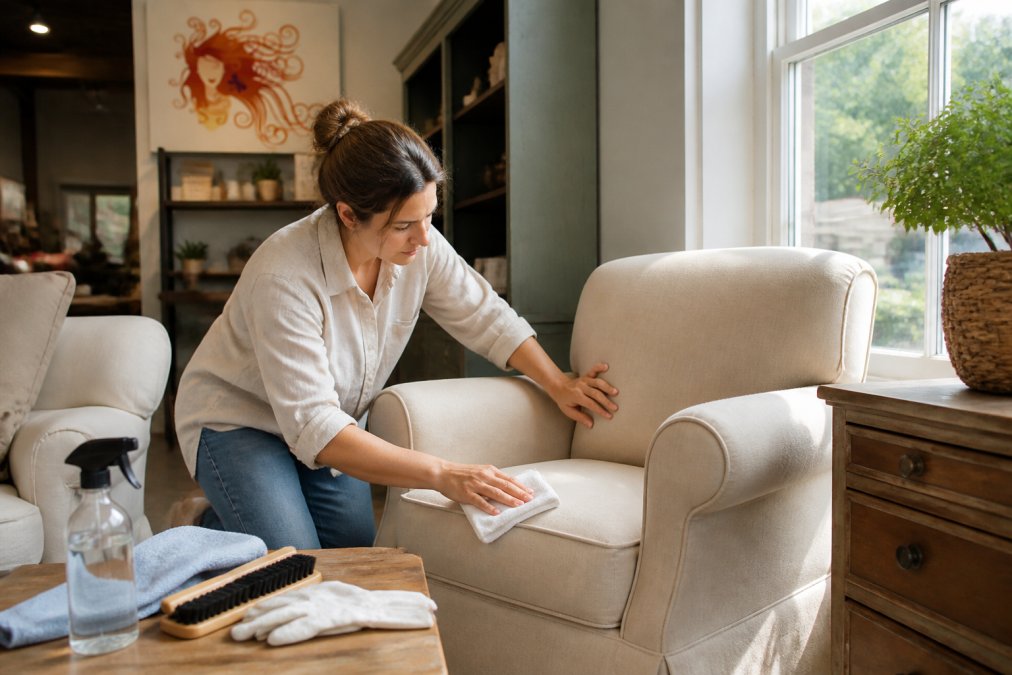 Person carefully cleaning upholstered chair with soft cloth, inspecting seams and fabric for stains and wear, natural sunlight streaming through window