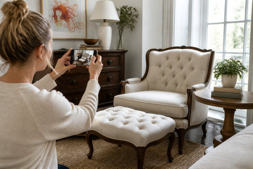 Person photographing furniture pieces with smartphone, documenting condition and angles, bright natural light through windows