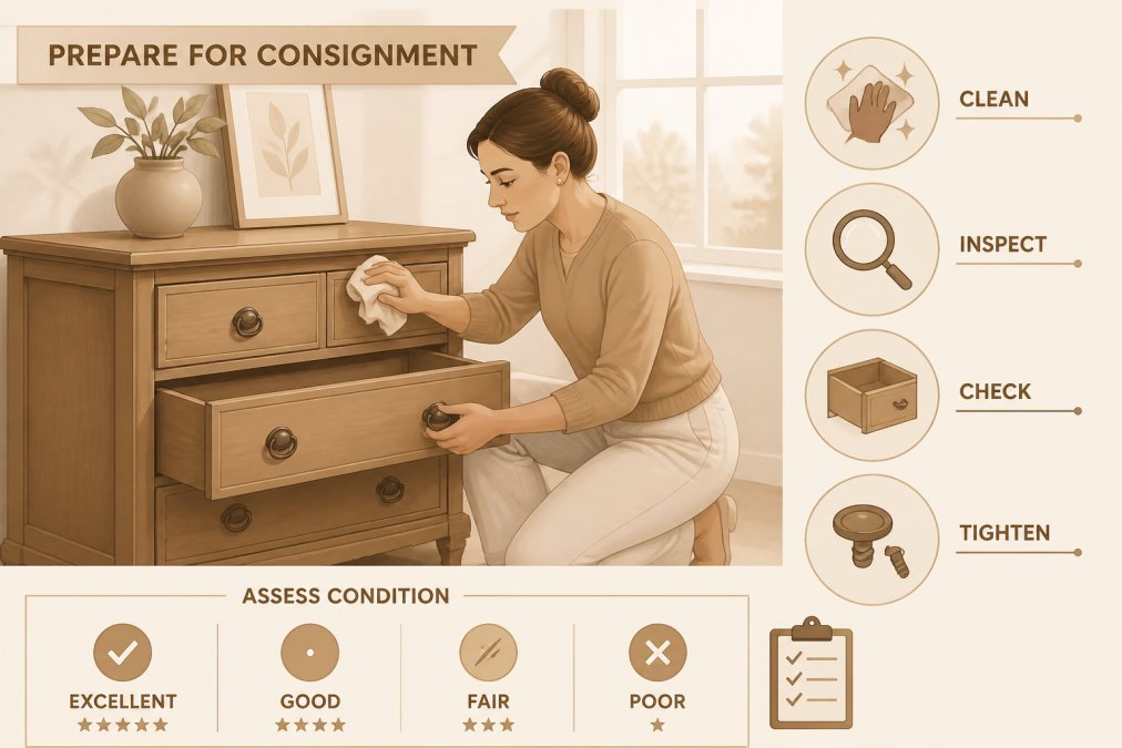 Person carefully cleaning and inspecting a wooden dresser with soft cloth, examining drawers and hardware in natural window light, showing attention to detail and condition assessment