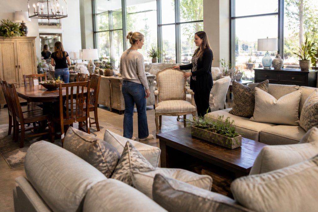 Bright, well-organized consignment store interior with furniture displayed in room-like settings, customers browsing sectional sofas and dining tables, staff member assisting a customer with a side chair, natural light from large windows