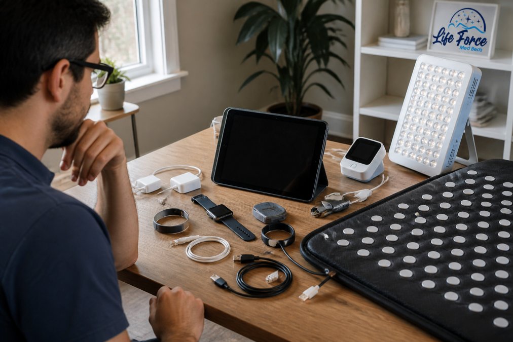 Person sitting at home desk surrounded by multiple wellness devices including smartwatch, fitness tracker, PEMF mat, light therapy panel, tablet displaying unified health dashboard, and scattered charging cables, with natural window lighting