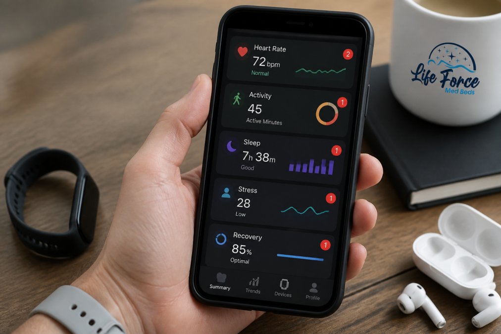 Close-up of smartphone screen displaying unified health dashboard with real-time heart rate, activity minutes, sleep quality, stress levels, and recovery metrics synced from multiple wearable devices, with notification badges showing data updates