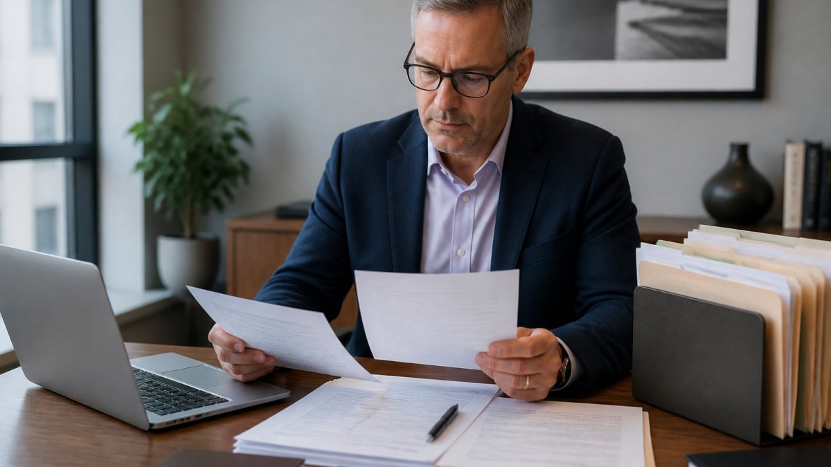 Professional reviewing retirement account statements and documents at desk with laptop and organized file folders in modern office