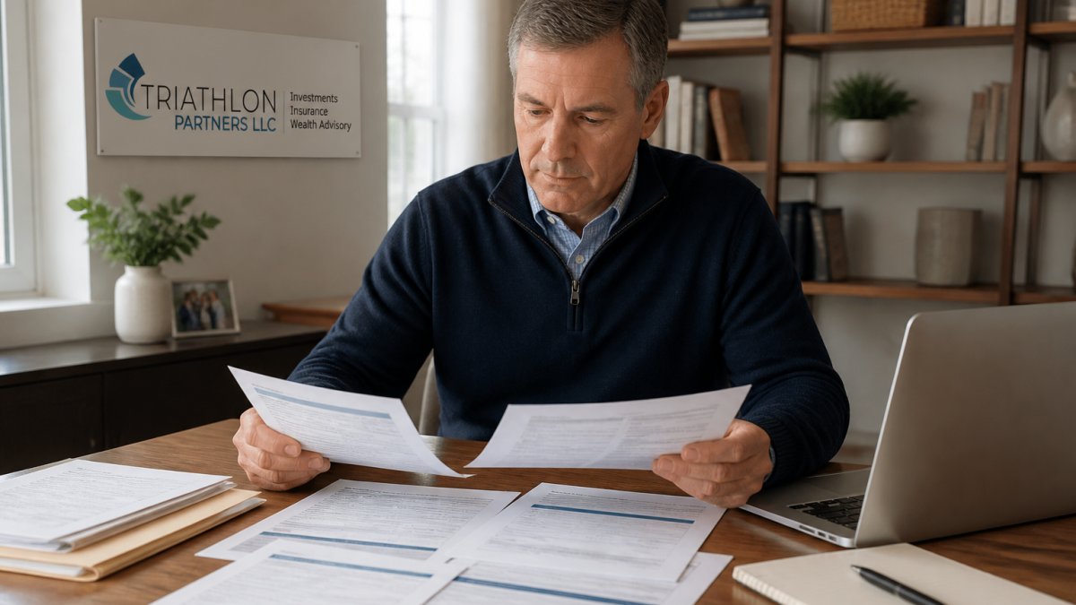 A person in their fifties sitting at a home desk reviewing retirement account statements and financial documents spread across the table, with a laptop open nearby
