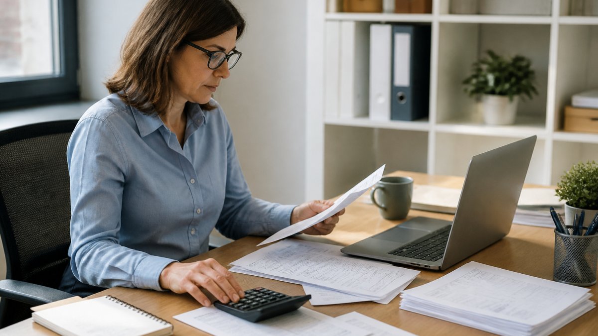 Office manager reviewing invoices and supplier statements on a laptop at a desk