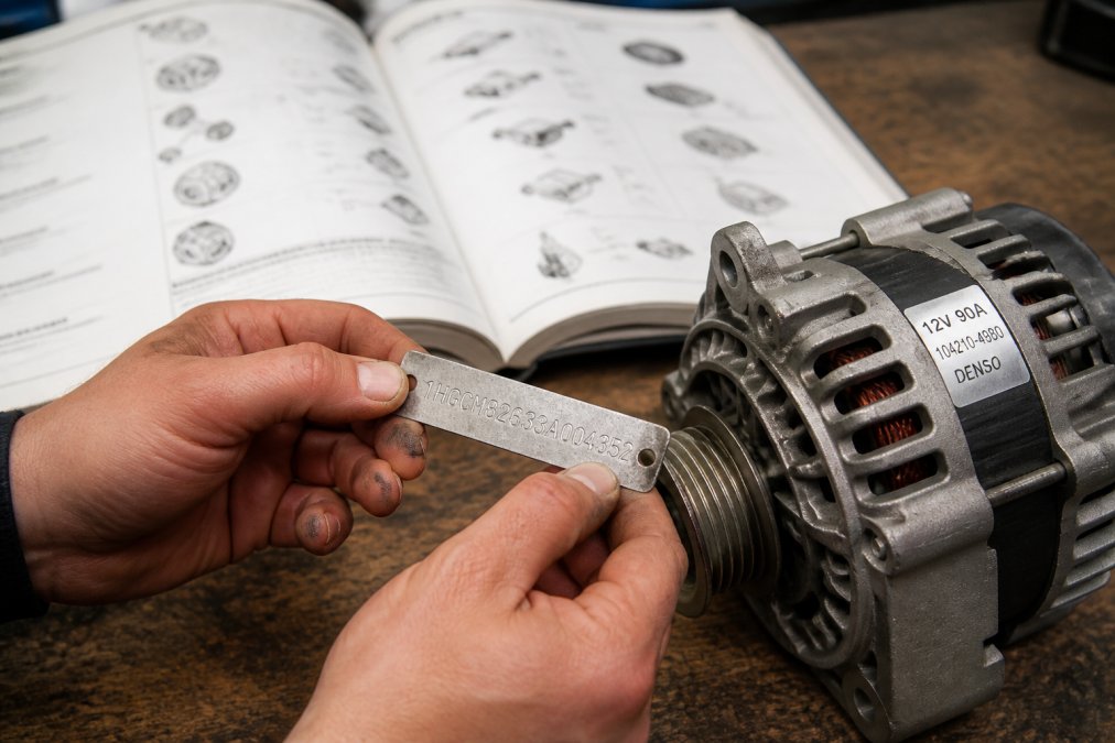 Hands holding a vehicle identification number plate next to an automotive part, showing compatibility information printed on the component, with a parts catalogue visible in background on a workbench