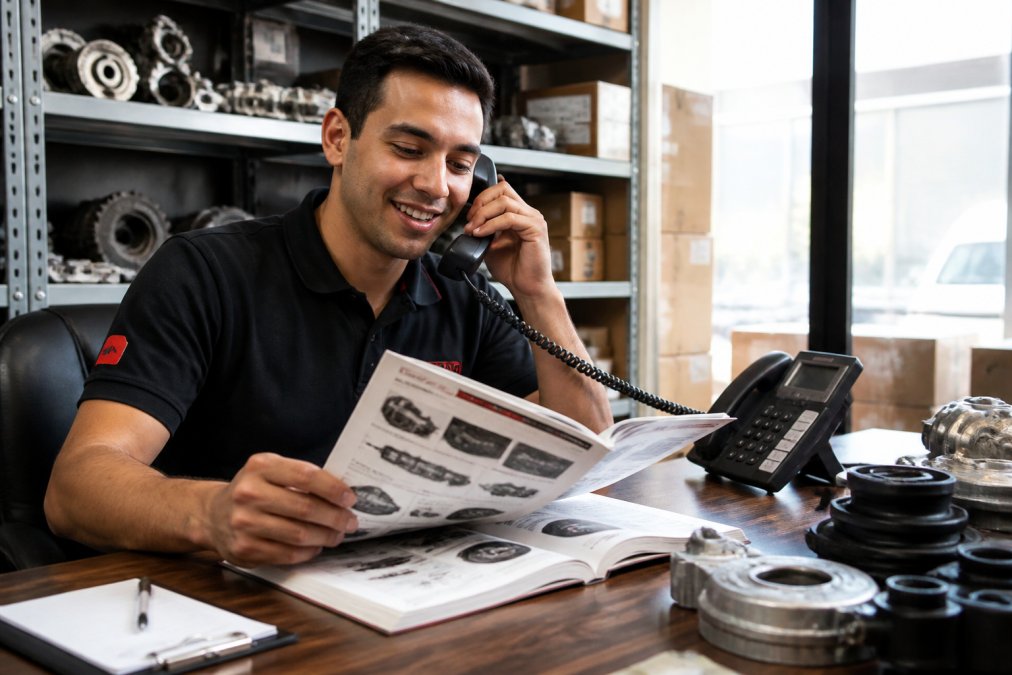 Professional customer service representative at a desk with a laptop and phone, reviewing an automotive parts order with a friendly expression, well-lit workspace with parts catalogues and technical specifications visible on multiple screens