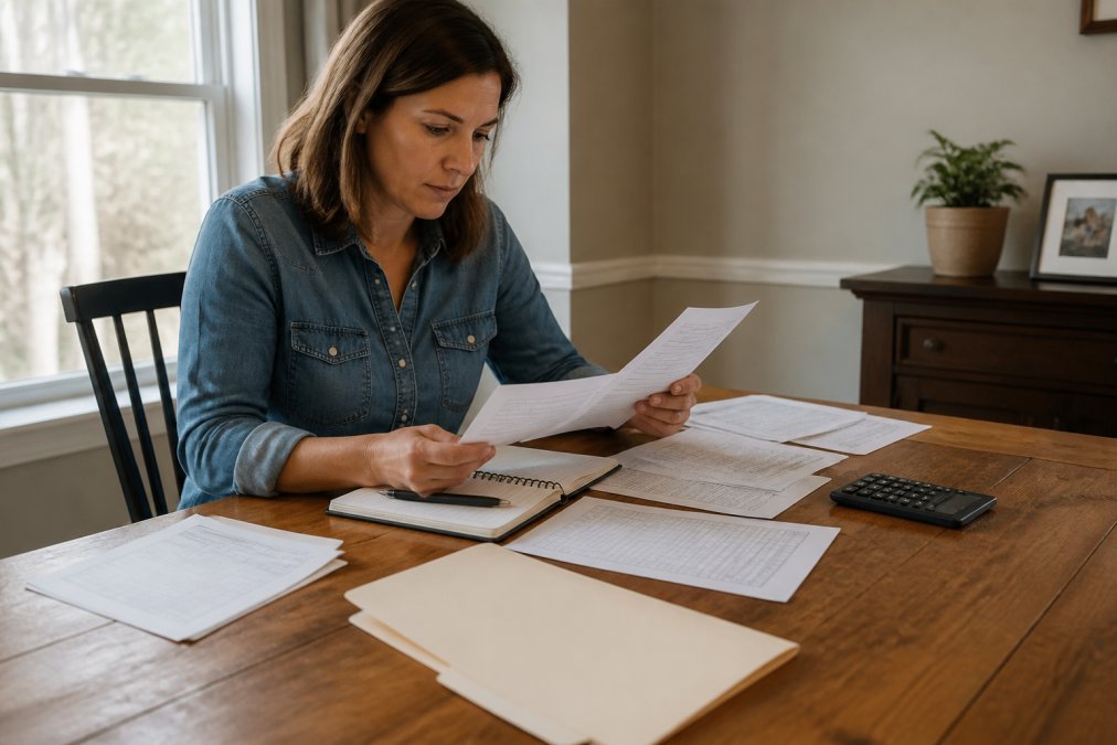 Person seated at wooden desk organizing financial documents including pay stubs, bank statements, and tax returns with a notebook and pen, natural window lighting