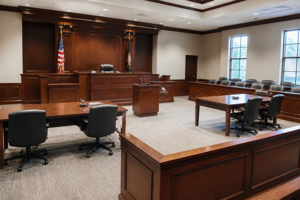 Interior of family courtroom with judge's elevated bench, empty jury box, attorney tables with wood furnishings, and professional courtroom lighting during daytime