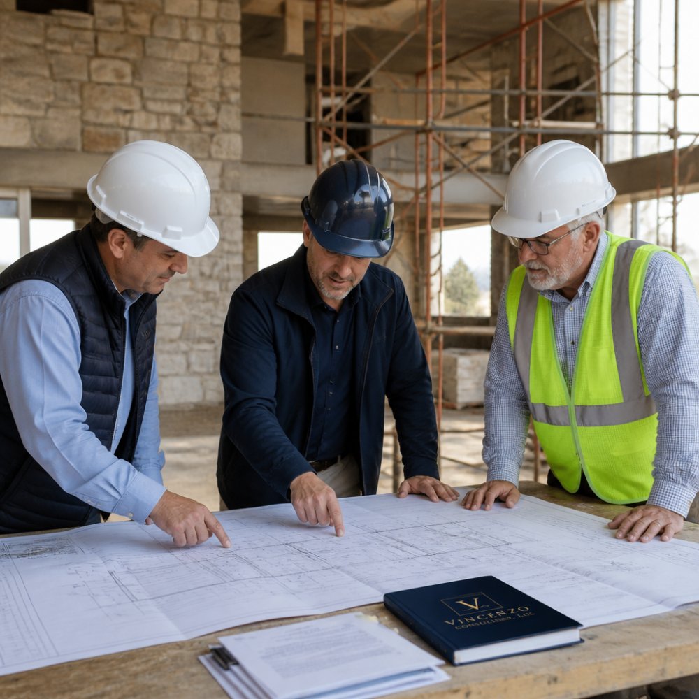 Construction team reviewing architectural drawings and project specifications on a jobsite, with general contractor and owner's representative discussing plans at a table with blueprints and documents