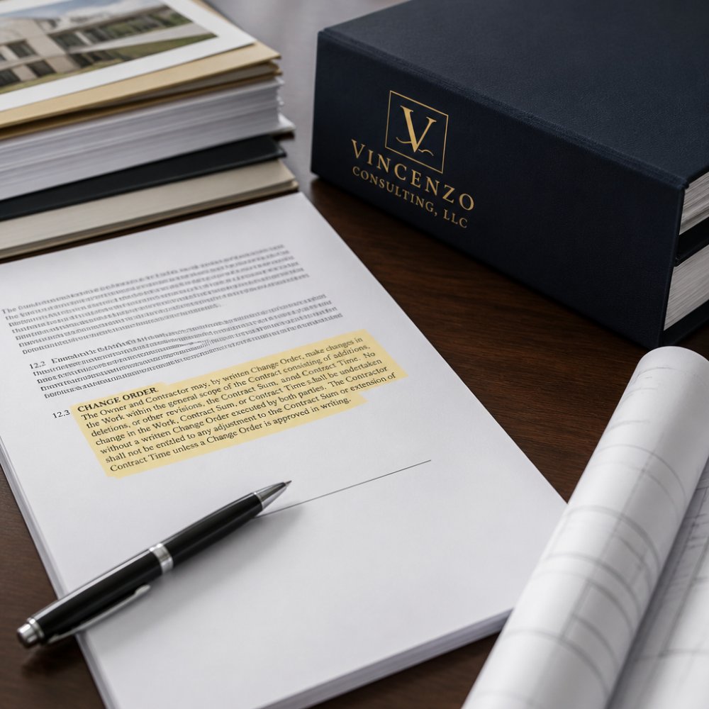 Close-up of a construction contract document with change order clause highlighted, pen positioned for signature, with legal documents and project files organized on desk