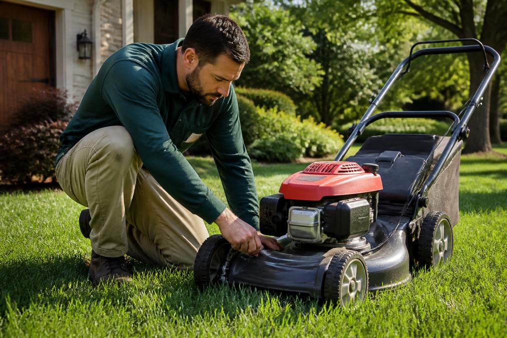 A lawn care technician in a branded uniform kneeling beside a push mower on a well-maintained residential lawn, adjusting the blade height setting in bright afternoon sunlight