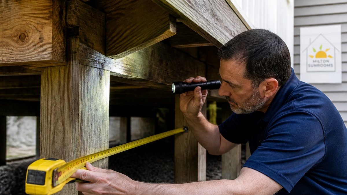 Close-up of a homeowner or inspector examining deck posts, beams, and joists with a measuring tape and flashlight, checking for rot, damage, and structural integrity