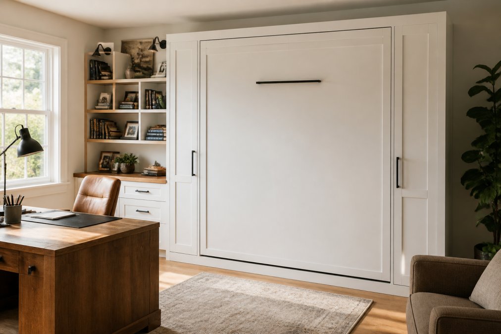 A neatly folded Murphy bed integrated into a white wall-mounted cabinet unit in a bright home office, with a wooden desk and built-in bookshelf visible beside it, warm afternoon light coming through a window to the left