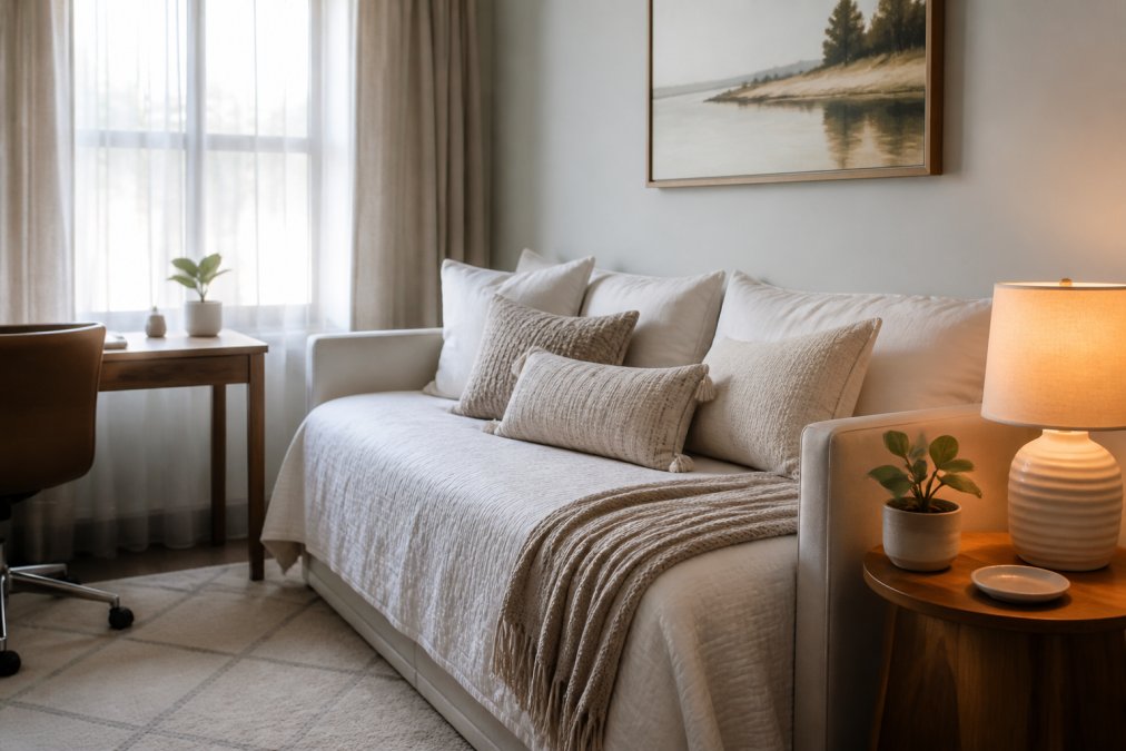 A cozy dual-purpose room with a neatly made daybed dressed with white and neutral linen pillows, a small wooden side table with a warm bedside lamp, and a minimalist desk with a closed laptop visible in the soft background, morning light filtering through sheer curtains