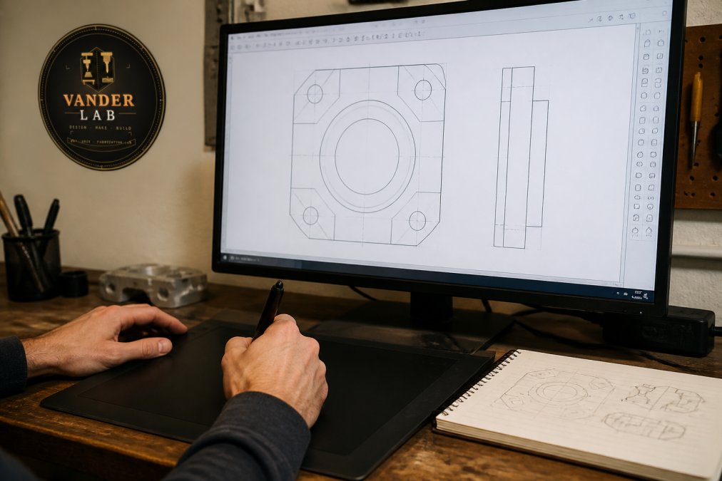 Tracing a hand-drawn sketch in CAD software to convert sketches to CAD geometry using a digital stylus tablet.