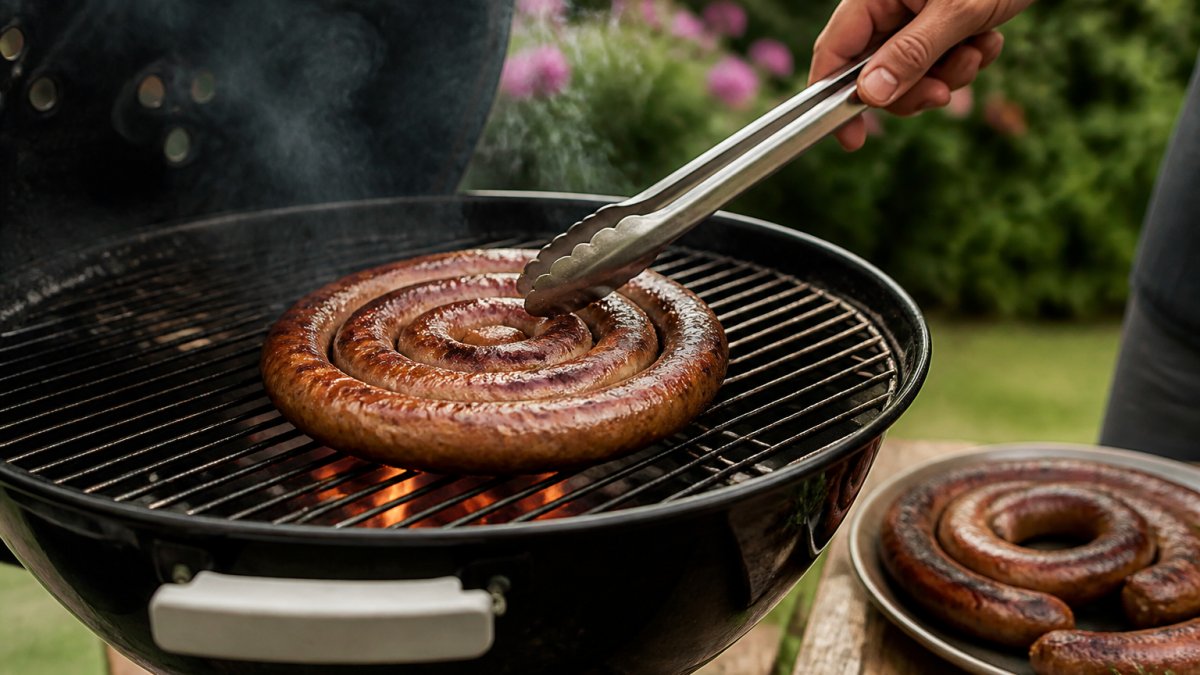 Tongs turning a coiled boerewors on a barbecue grill to cook boerewors evenly with light smoke rising