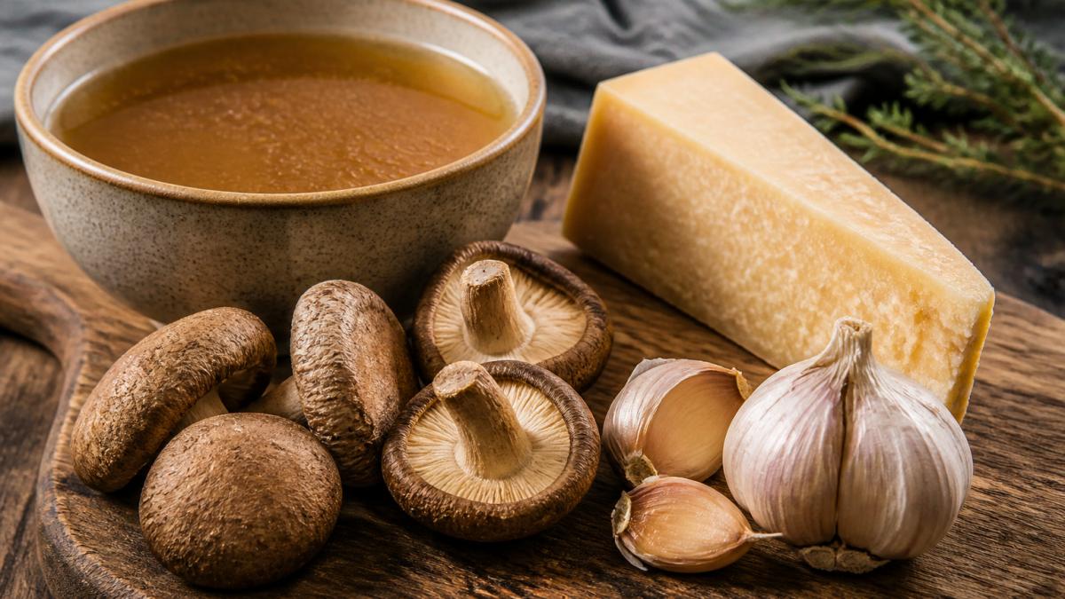 A home cook's kitchen counter with fresh shiitake mushrooms, a bowl of beef broth, a wedge of Parmesan cheese, and garlic cloves arranged naturally, warm lighting, shallow depth of field