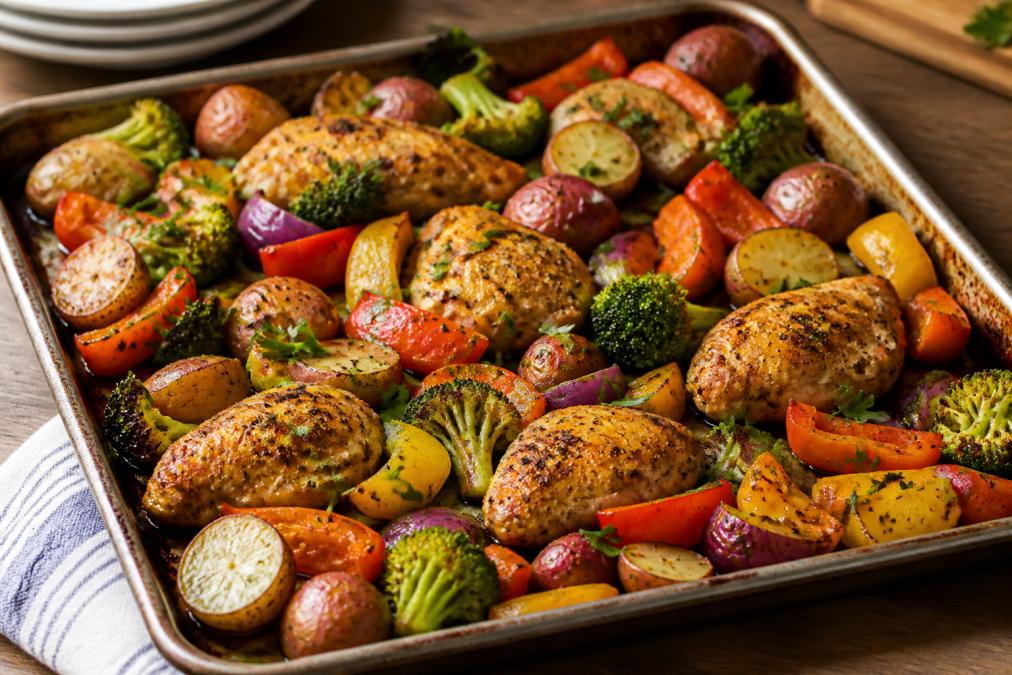 A vibrant sheet pan dinner with roasted vegetables, seasoned protein, and fresh herbs scattered on top, ready to serve