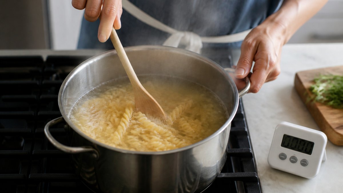 Hands stirring gluten-free pasta in a boiling pot with a wooden spoon and a timer nearby