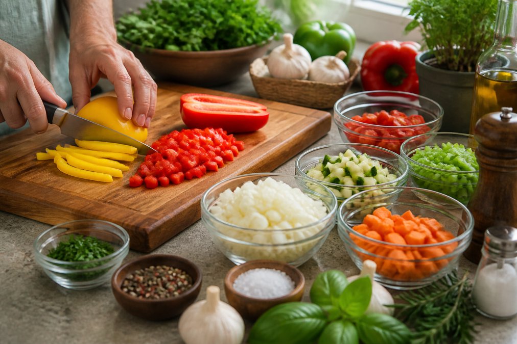 Hands prepping fresh vegetables on a wooden cutting board with organized mise-en-place setup, bowls of diced ingredients, fresh herbs, and seasonings arranged nearby in natural kitchen lighting