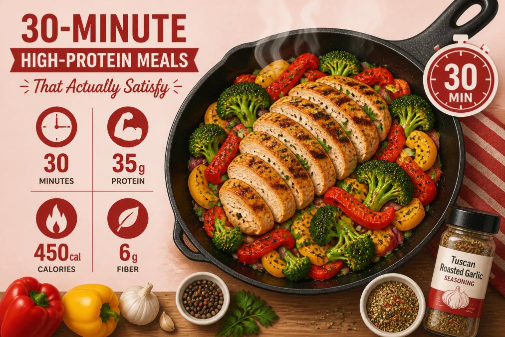 Colorful one-pan meal with grilled chicken breast, roasted bell peppers, broccoli florets, and fresh herbs on a cast-iron skillet with steam rising, wooden table with fresh ingredients and seasonings nearby