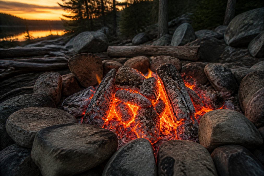Close-up of a well-built campfire with glowing hardwood coals and orange embers in a stone fire pit in a Canadian forest setting at dusk