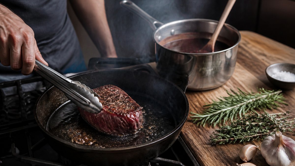 Home cook searing a venison steak in a cast-iron skillet next to simmering red wine sauce and fresh herbs
