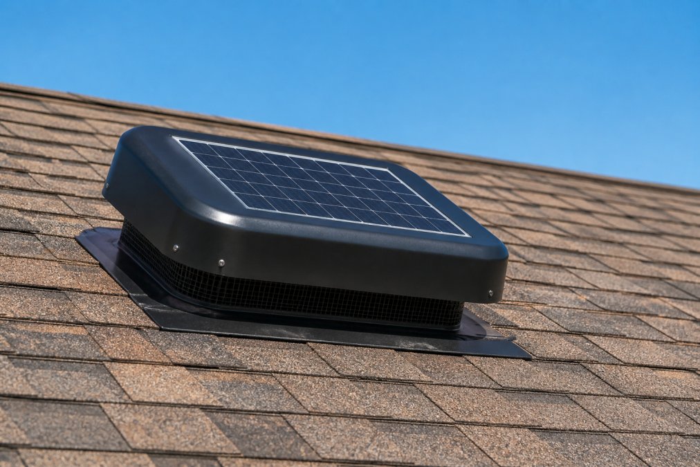 Solar roof ventilator unit mounted on residential roof shingles in bright sunlight, showing the solar panel facing upward and the exhaust vent opening, with clear sky visible