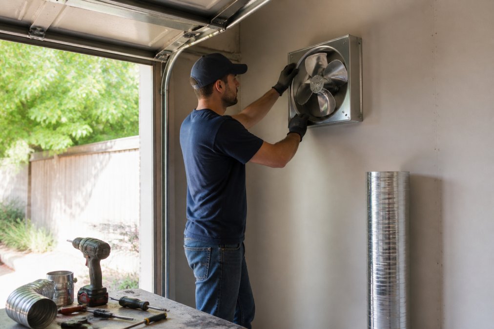 A homeowner installing a wall-mounted exhaust fan in a residential garage, with tools and vent ducting visible, natural daylight coming through an open garage door