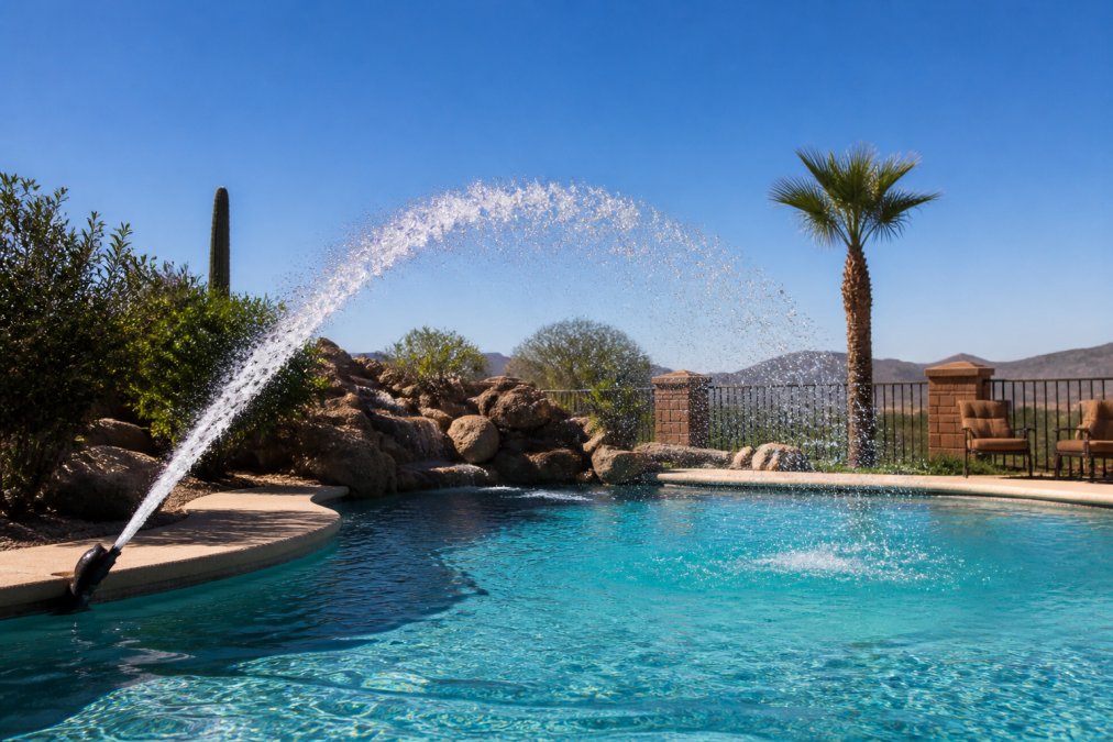 A backyard swimming pool with an active fountain attachment spraying a wide arc of water into the bright afternoon air above the pool surface, sunlight catching the water droplets, surrounded by desert landscaping