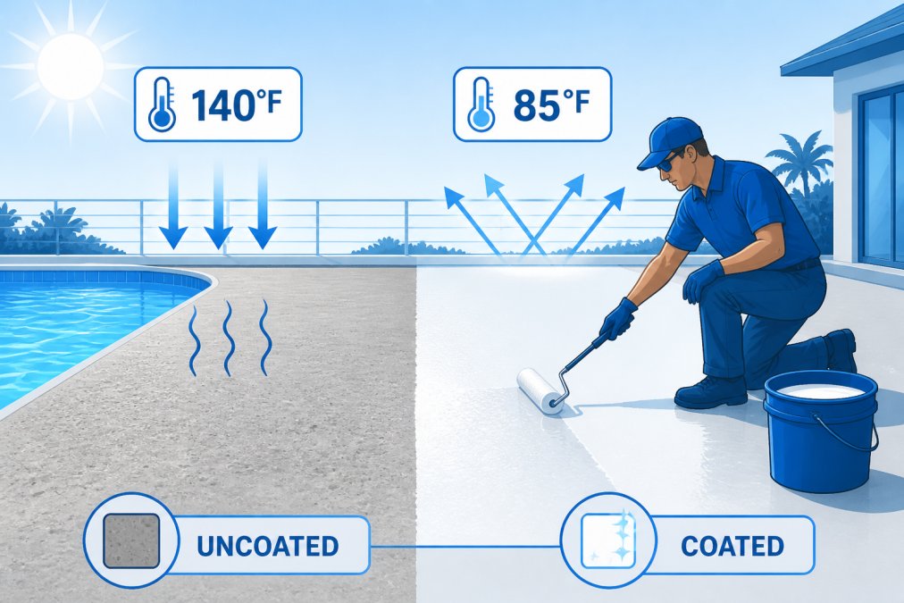 Professional applying light-colored reflective coating to concrete pool deck surface with roller, showing wet application on half the deck with bright sunlight creating contrast between coated and uncoated sections