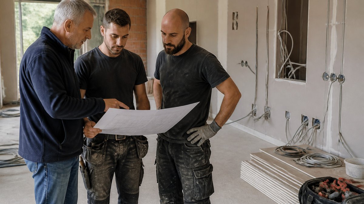 A site supervisor and tradespeople reviewing a renovation schedule in a room with exposed plasterboard.