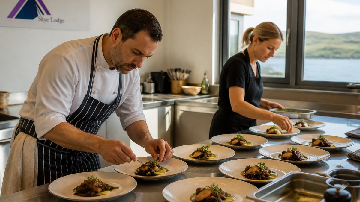Professional private chef and server plating gourmet dishes at stainless steel counter in well-equipped kitchen, natural light streaming through windows, focused preparation for group dinner service