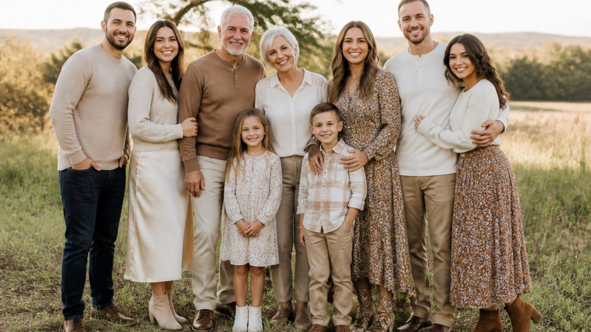 Infographic showing a guide to coordinating family outfits with neutral color palettes and textures