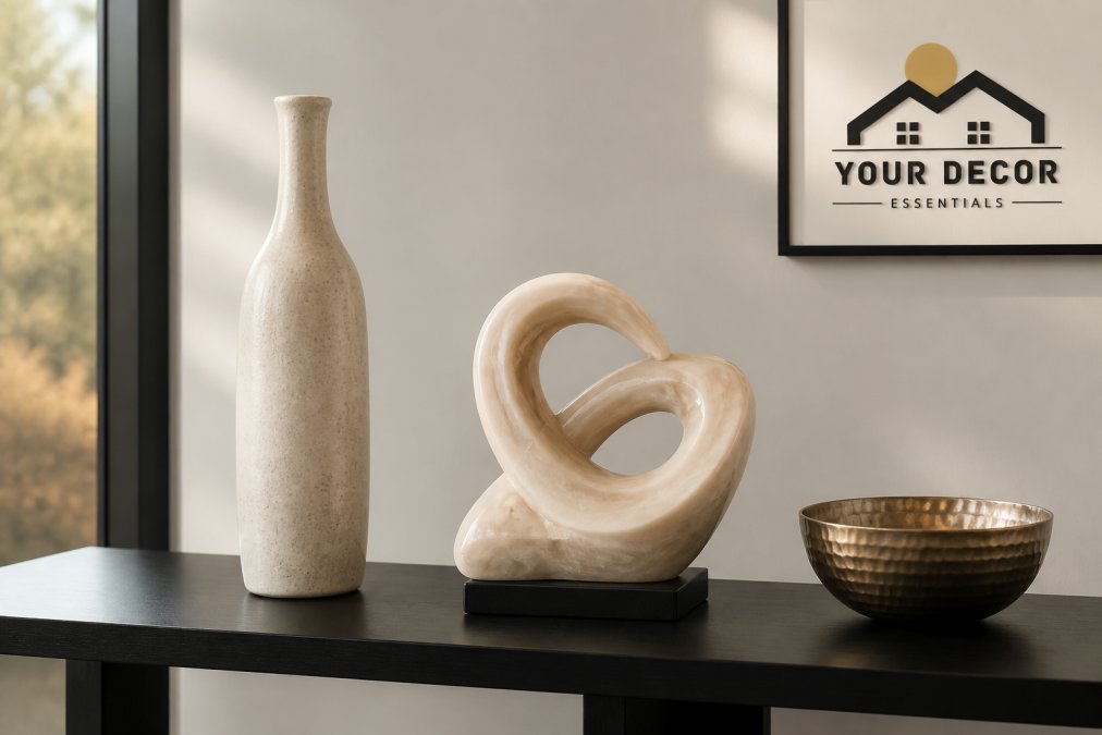 A close-up, eye-level shot of a styled console table against a neutral wall, featuring a tall slender ceramic vase, a medium abstract resin sculpture, and a small textured metal bowl, lit by soft natural window light