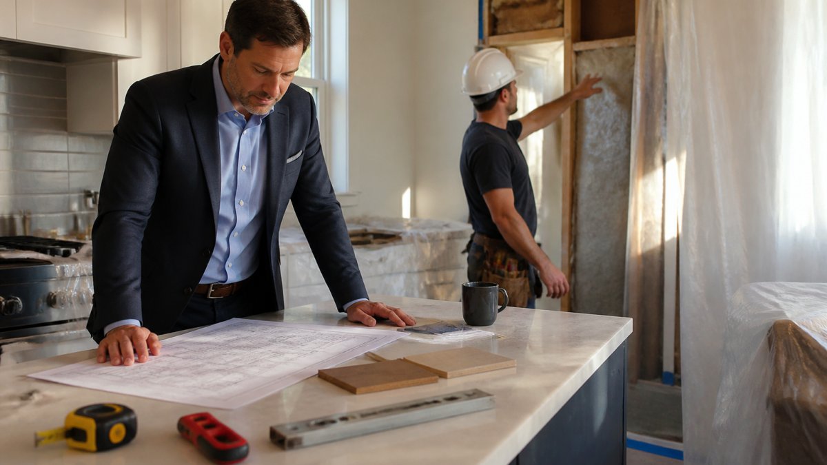 A homeowner in business attire reviewing a printed renovation schedule on a kitchen island while a contractor in a hard hat points at a wall opening in the background, mid-morning light through plastic sheeting