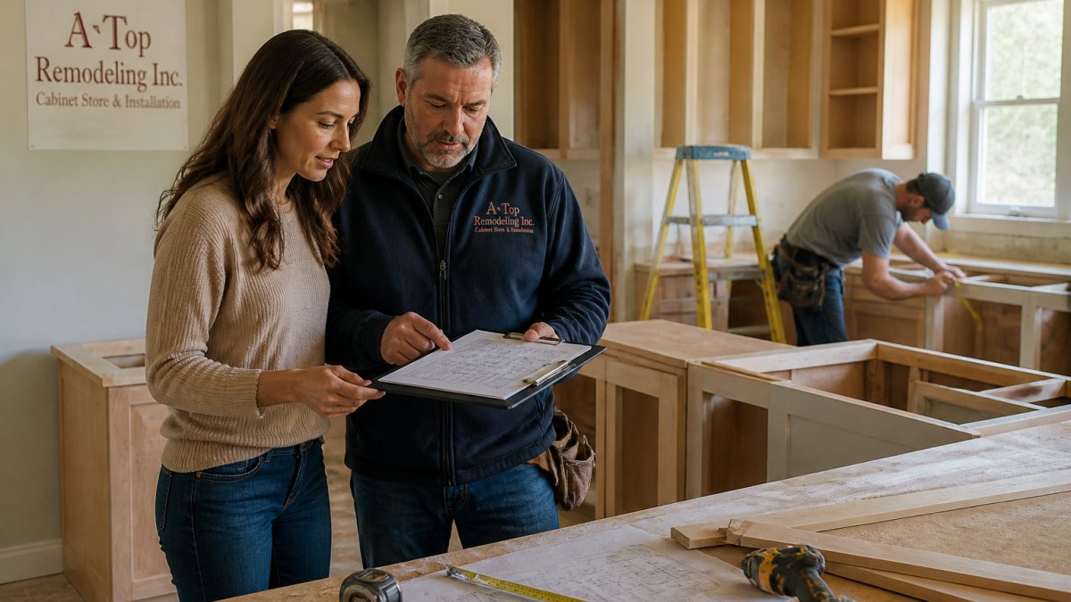 A homeowner and a remodeling project manager standing in a half-finished kitchen, reviewing a printed schedule on a clipboard while a carpenter works in the background
