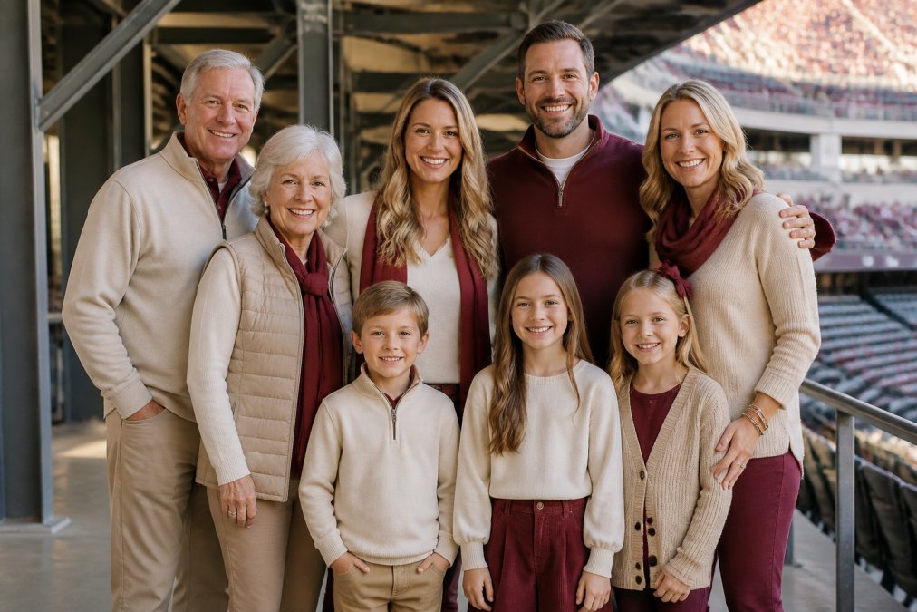 Multi-generational family wearing coordinated neutral base colors with complementary team-colored accents standing together in stadium seating area with natural afternoon light filtering through