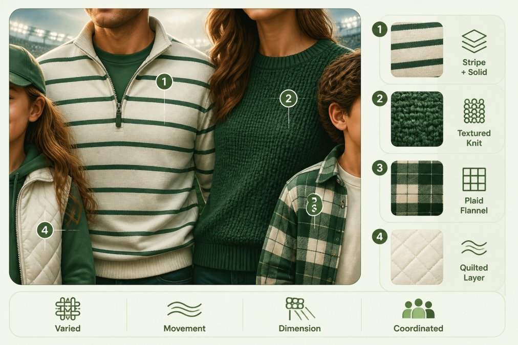Close-up detail of layered textures showing fabric movement on family members wearing patterned and solid coordinated pieces, with one person's striped sweater layered over a solid base, another's textured knit visible, demonstrating how different fabrics interact under stadium lighting