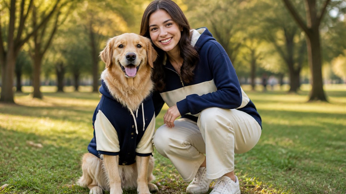 A smiling owner and their golden retriever wearing complementary navy blue and cream-colored outfits, posing together in a sunny park with natural golden hour lighting