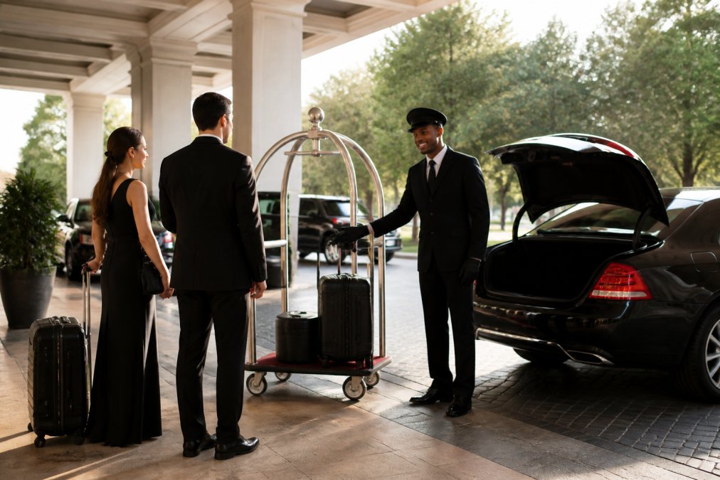 Professional chauffeur assisting guests at a luxury hotel entrance with luggage and multiple vehicles visible in background, morning light streaming across the portico