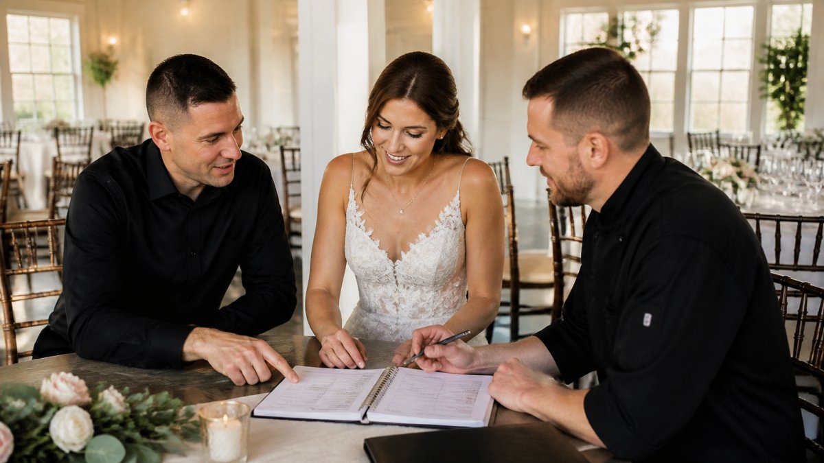 Bride and groom discussing the wedding run of show with their DJ and catering manager at the reception venue