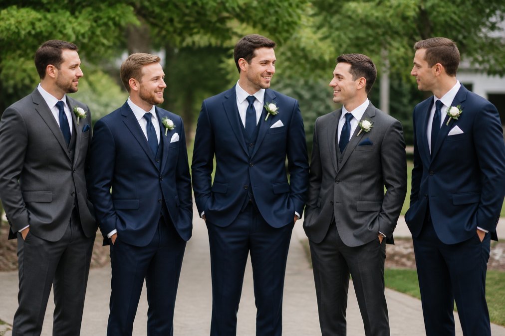 Groomsmen in navy and charcoal suits to coordinate wedding party attire for a polished, harmonious look.