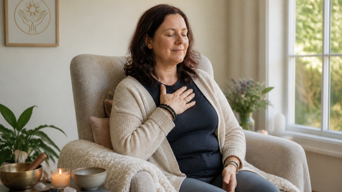 A woman practicing self-compassion for chronic illness by resting with her hand on her heart in a sunlit room.
