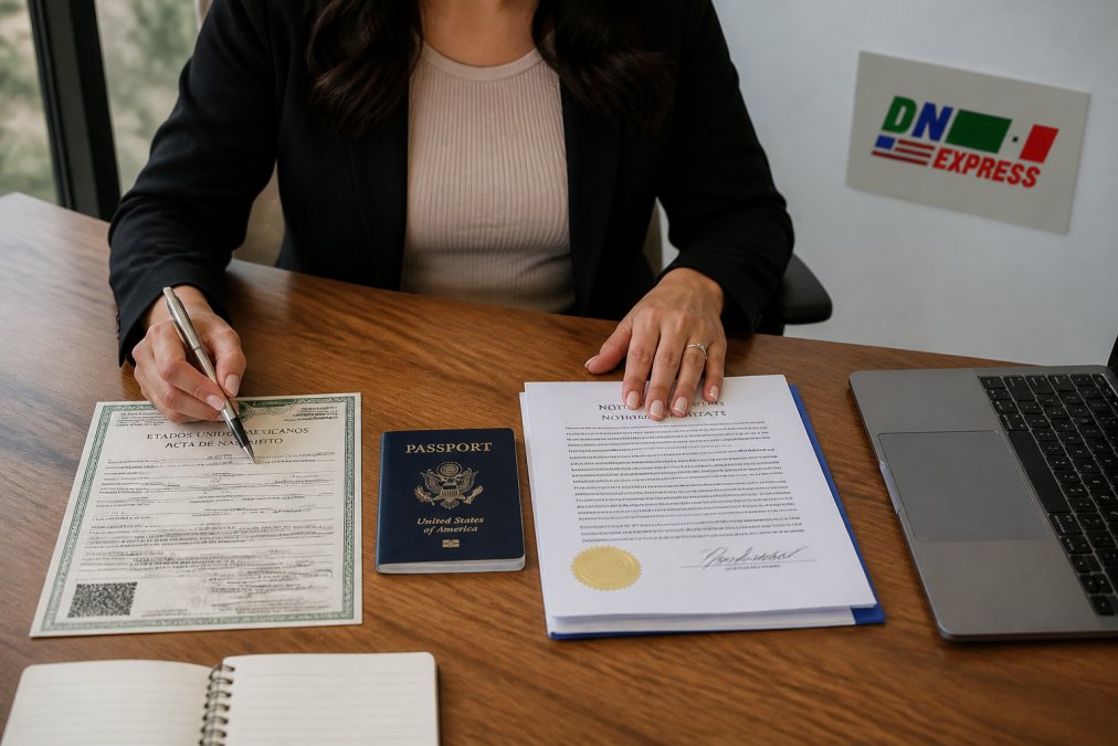 Person reviewing a Mexican birth certificate alongside a U.S. passport and notarized translation documents.