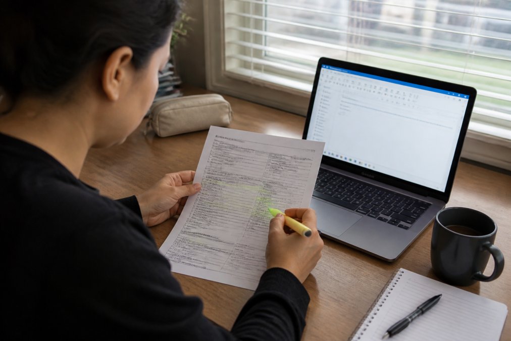 Infographic showing the steps to review and correct a Georgia police report at a desk with a highlighter and laptop.