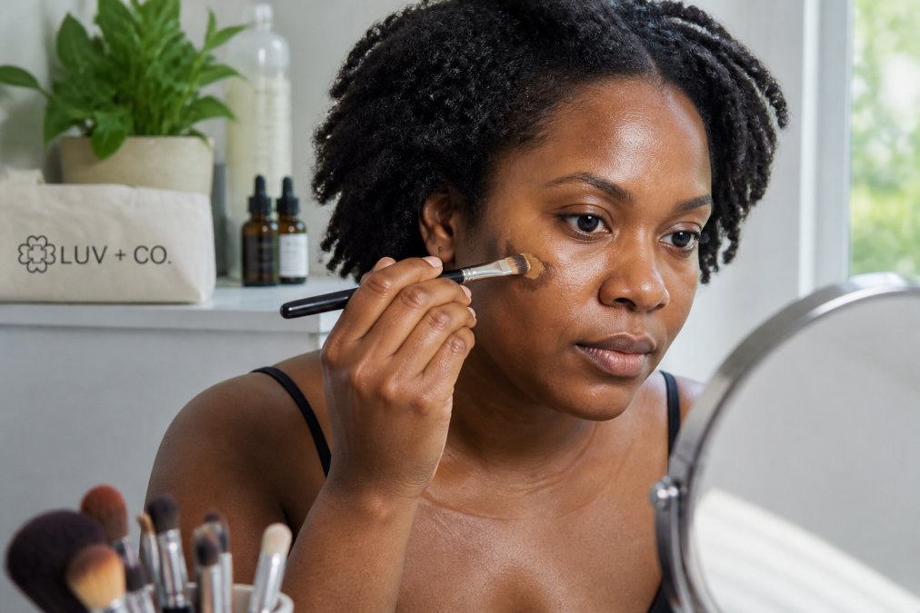 Black woman using a small brush to apply concealer to cover hyperpigmentation on her cheek in natural light