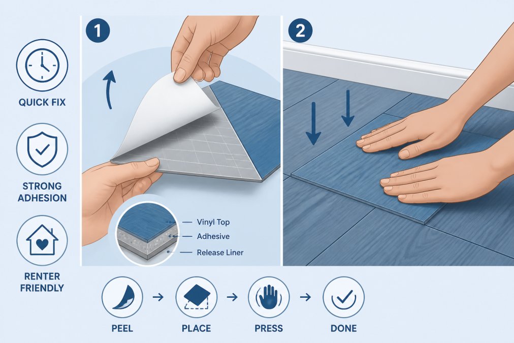 Close-up of hands peeling back protective layer on peel-and-stick vinyl tile and firmly pressing it onto apartment floor, showing smooth application and adhesive backing