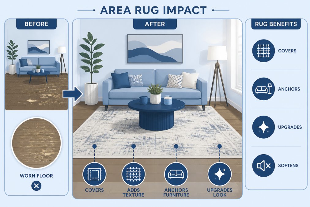 Modern apartment living room with a large neutral-toned area rug layered over worn hardwood floors, showing how the rug anchors the furniture and transforms the room's aesthetic